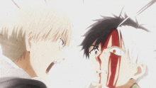 two anime characters are fighting with blood coming out of their mouths