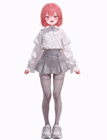 a girl with red hair is wearing a white shirt and a gray skirt