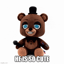 a stuffed teddy bear with the words he is so cute written on it
