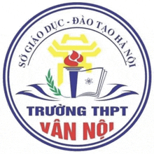a logo for a school in hanoi with a torch , book , and laurel branch .