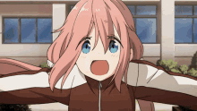 a girl with pink hair and blue eyes stands in front of a building with her arms outstretched