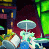 a cartoon of a person playing drums with a green background