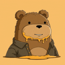 a cartoon of a teddy bear with melted cheese on its face