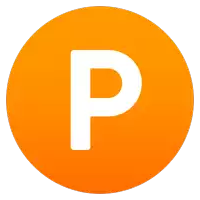 an orange circle with a white letter p inside