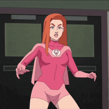 a cartoon of a woman in a pink superhero costume standing in front of a door