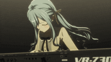 a girl with blue hair and a bow on her shirt looks sad