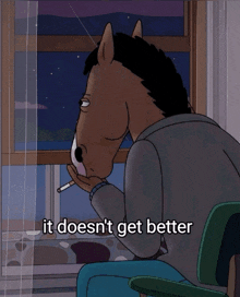 a horse smoking a cigarette with the words " it does n't get better " below him
