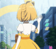 a cartoon girl in a yellow dress waving her hand