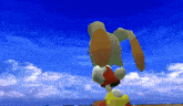 a cartoon character is standing in front of a blue sky with clouds