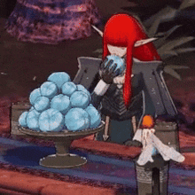 a cartoon character with red hair is holding a pile of blue balls