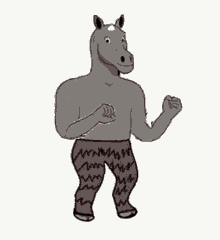 a cartoon drawing of a horse wearing a pair of striped pants