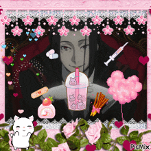 a picture of a man in a suit holding a pink cup with a straw and a bunny on it
