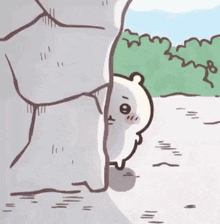 a cartoon hamster is peeking out from behind a rock wall .