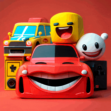 a red car with a big smile on its face is surrounded by other toys
