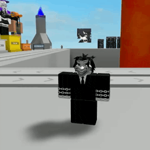 a cartoon character in a black suit and tie is standing in front of a building