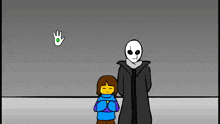 a cartoon of a man and a girl standing next to each other with a green hand flying in the air .