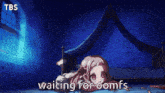 a cartoon of a girl laying on the floor with the words waiting for roomfs