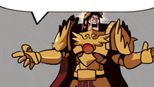 a cartoon of a man in armor with a speech bubble above his head