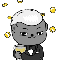 a cartoon bear in a tuxedo holds a glass of wine