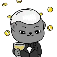 a cartoon bear in a tuxedo holds a glass of wine