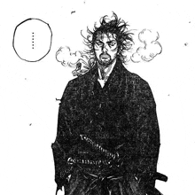 a black and white drawing of a samurai with smoke coming out of his mouth .