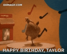 a chicken is dancing on a stage with a music note behind it .