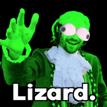 a man in a green suit with the word lizard in white