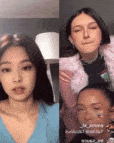 a woman in a blue shirt is next to another woman in a pink fur coat