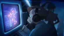 a man wearing headphones is looking at a computer screen with arrows pointing in different directions