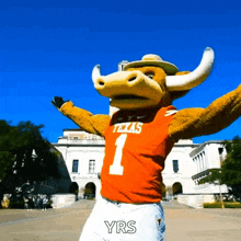 a mascot wearing a texas 1 jersey is standing in front of a building with his arms outstretched .