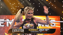 a woman in a wrestling ring with a banner that says evolution on it