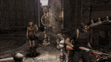 a video game scene with a man and a woman
