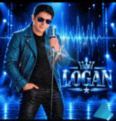 a man in a blue leather jacket singing into a microphone