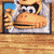 a pixel art of a monkey with a hamburger in his mouth .