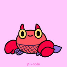 a drawing of a red crab with a pink heart and the name pikaole