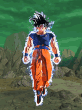 a cartoon character with a blue shirt and orange pants is standing in front of a green background