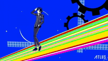 a cartoon character is standing on a rainbow colored staircase with atlus written on the bottom right