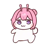a cartoon character with pink hair and purple eyes is standing on a white background