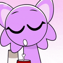 a purple cartoon character is holding a cup of soda with a heart on it