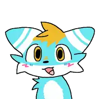a cartoon drawing of a blue and white cat with red eyes