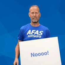 a man wearing a blue afas software shirt holds a sign that says noooo