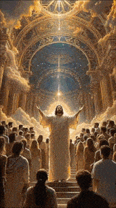 a painting of jesus standing in front of a crowd