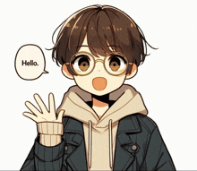 a cartoon character with glasses and a speech bubble saying hello