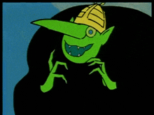 a green cartoon character with a yellow hat
