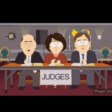 three cartoon characters sit at a table with a sign that says " judges "