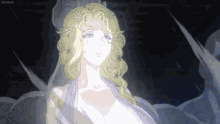 a cartoon of a woman with blonde hair and a white dress .
