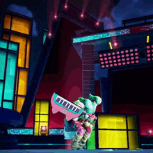a cartoon character is holding a pink keyboard in front of a building with lights