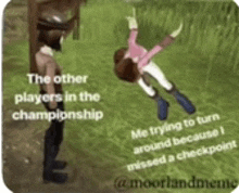 a man is standing next to a girl who is laying on the ground .