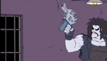 a cartoon character is holding a gun and pointing it at someone .