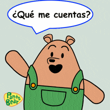 a cartoon bear with green overalls and a speech bubble that says " qué me cuentas "